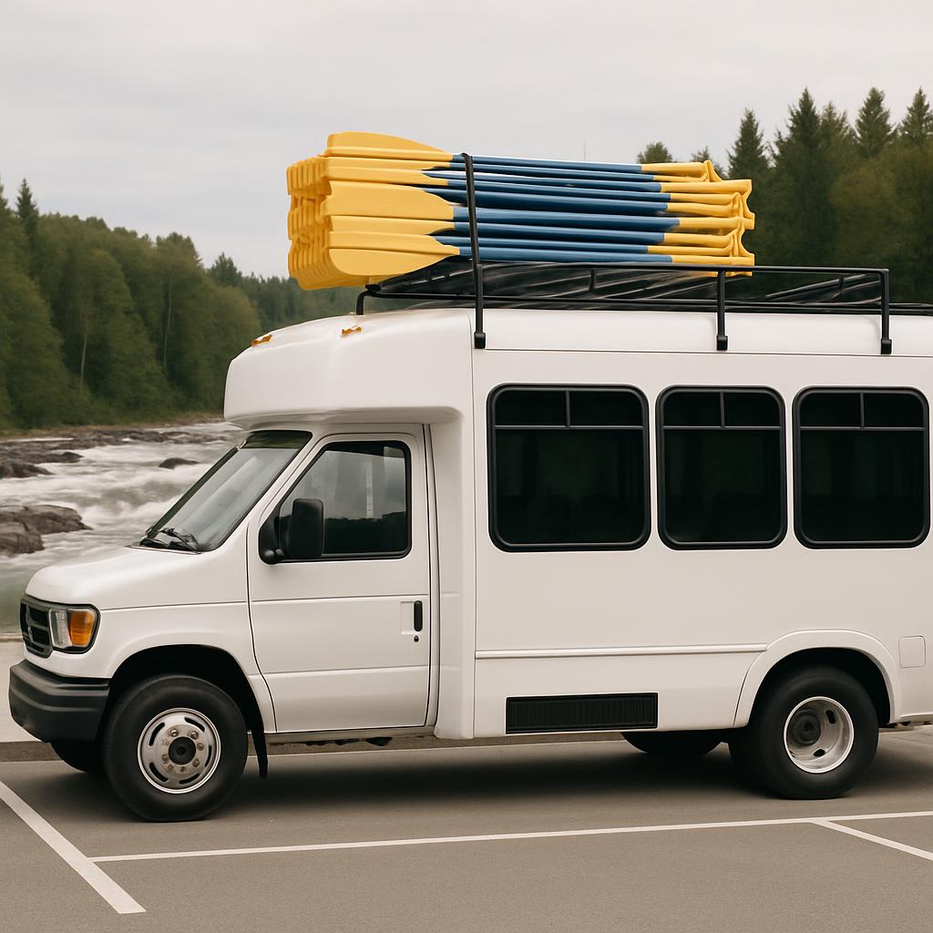 A white, boxy vehicle with windows and a roof rack carrying paddles, parked adjacent to a shore with a river and forested ...