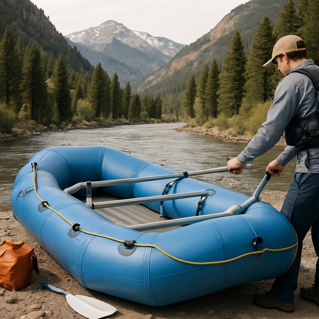 A man stands by the side of a river, holding an aluminum frame attached to a bright blue inflatable raft, surrounded by a ...
