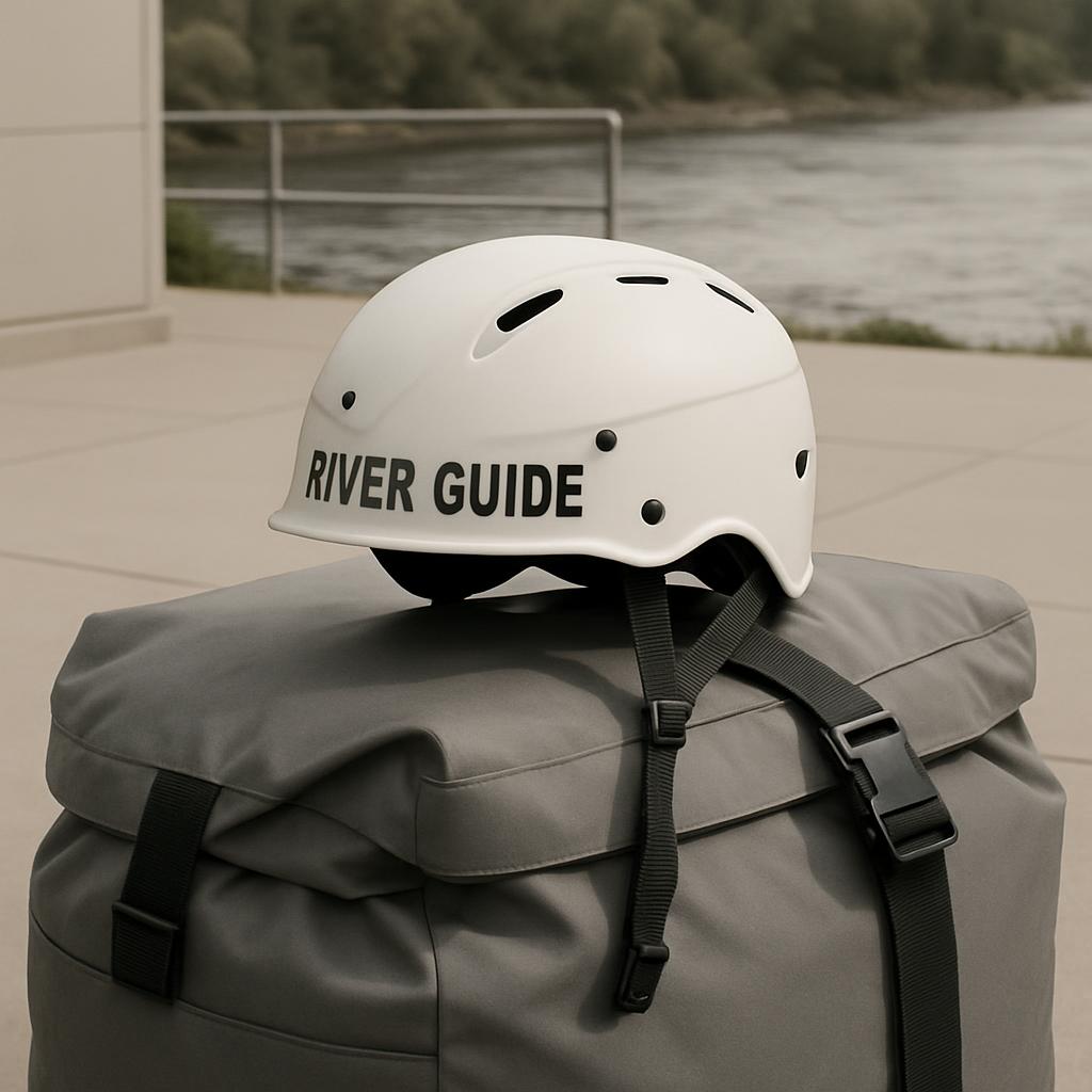 A white helmet with "River Guide" written on the back is positioned atop a gray duffel bag, situated outdoors near a river...