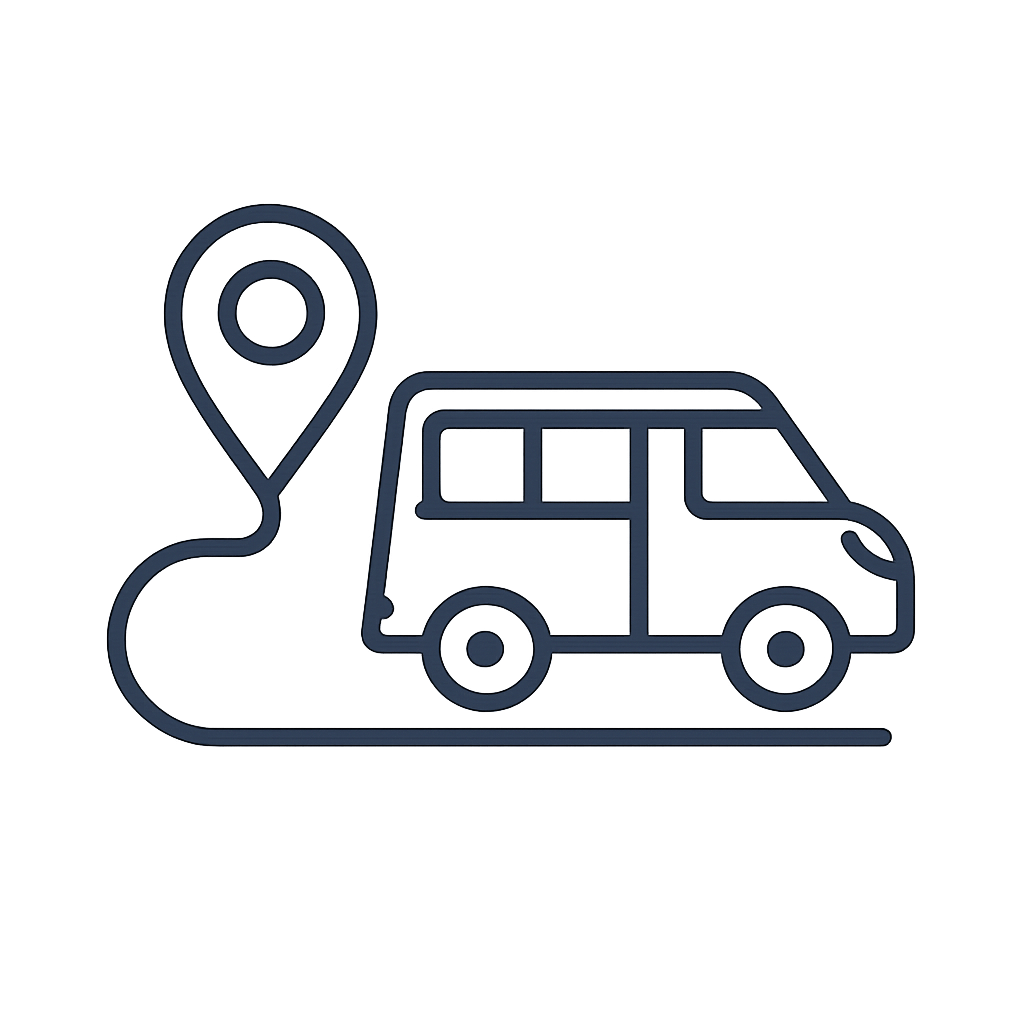 A blue line drawing of a van connected by a line to a map marker.